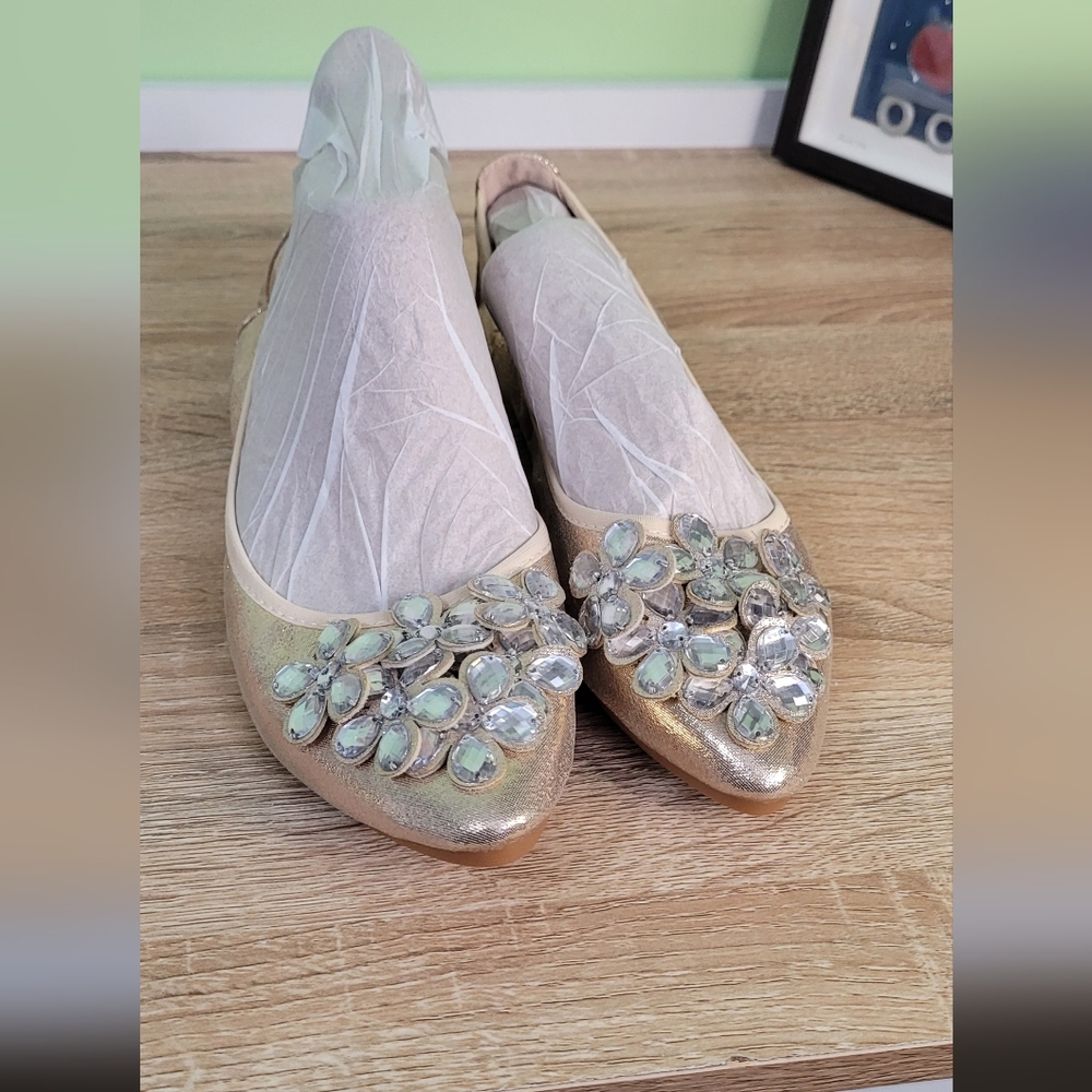Gold Embellished Women's Packable Flats New 9 Jeweled Formal Ballet